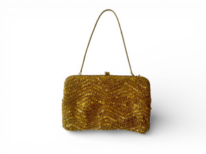 Vintage gold beaded sequin evening purse clutch bag handmade 1960's HONG KONG main view