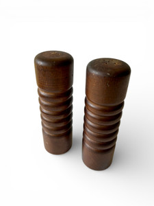 Vintage wooden salt and pepper shakers ribbed set pair X2 mid-century modern main view
