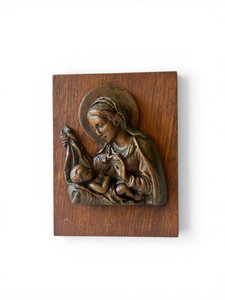 Vintage Virgin Mary Jesus Madonna & Child copper sculpture plaque 1950's ITALY main view