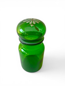 Vintage green glass apothecary jar bubble lid storage handpainted 1960's BELGIUM main view