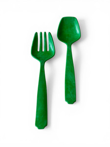 Vintage green plastic galalith mottled salad servers fork & spoon 1940's ENGLAND main view