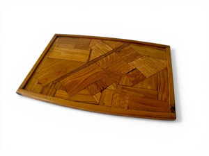 Vintage oak marquetry serving tray wooden drinks handmade 1980's AUSTRALIA main view
