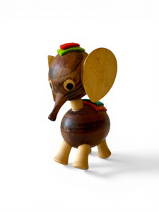 Vintage GOULA wooden elephant circus figurine felt toy hand carved 1970's SPAIN main view