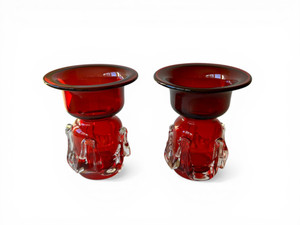 Vintage TARNOWIEC red art glass candle holder vase X2 pair 1970's POLAND main view