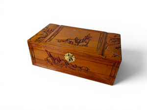 Vintage pagoda carved camphor wooden jewellery box red lined 1950's HONG KONG main view