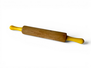 Vintage rolling pin yellow plastic handles solid wood 1970's AUSTRALIA main view