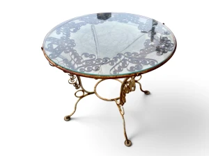 Vintage round accent table with glass top & ornate wrought-iron base 1950s front top view