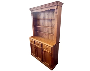 Vintage kitchen sideboard buffet hutch farmhouse solid pine two-piece 1980s front side view