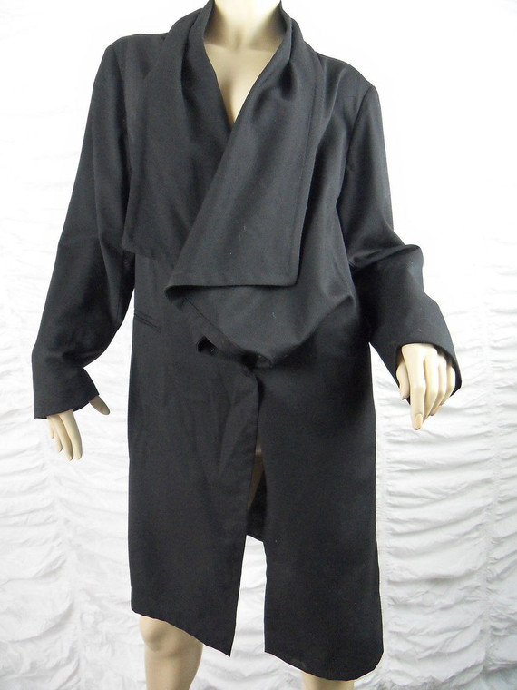 MAGGIE T black wool blend draped waterfall lapel long jacket size 12 BNWT front view