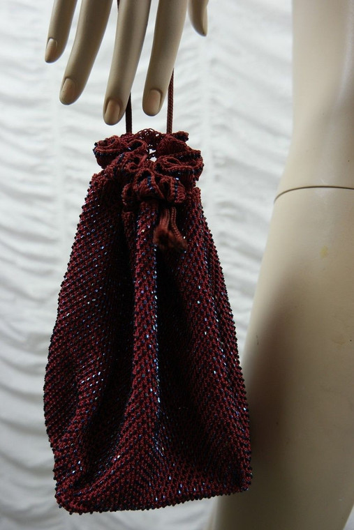 HANDMADE maroon blue beaded vintage Art Deco drawstring pouch reticule bag EVC front view