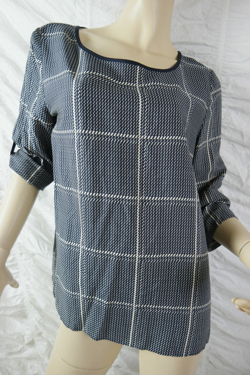 TRENERY navy blue cream digi check 3/4 sleeve hi-low top blouse size S BNWT front view