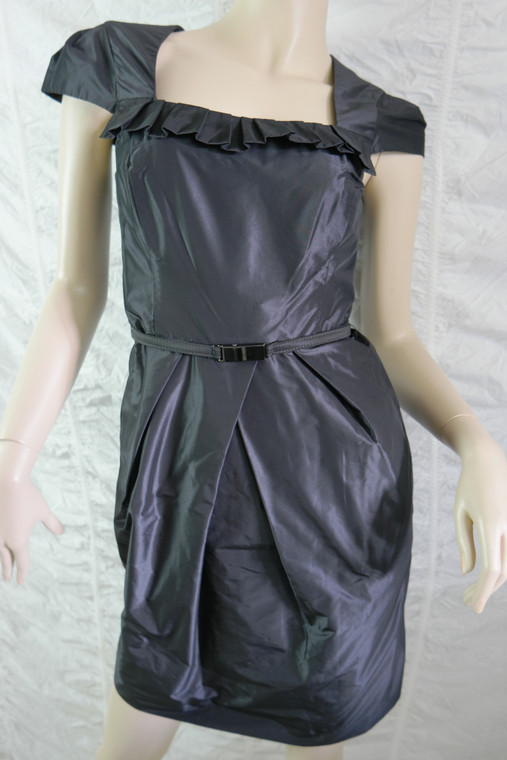 CUE black shiny cap sleeve vintage retro look party cocktail dress size 6 BNWT front view