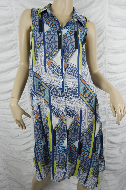 BLUE ILLUSION blue 100% silk geometric print sleeveless midi dress size XS EUC front view