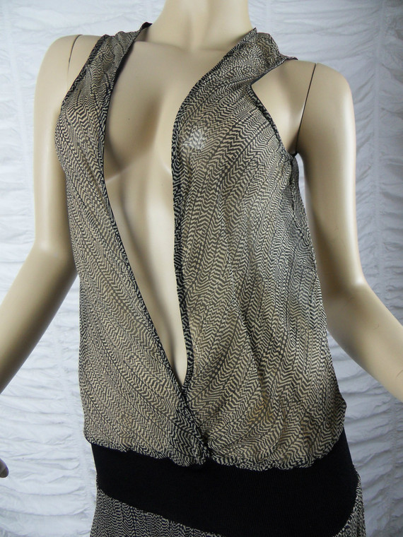 SABA black beige tribal print 100% silk dress size 10 EUC front view
