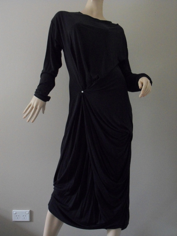 MRS. PRESS black cotton silk blend v-neck long sleeve long dress size 1 EUC front view