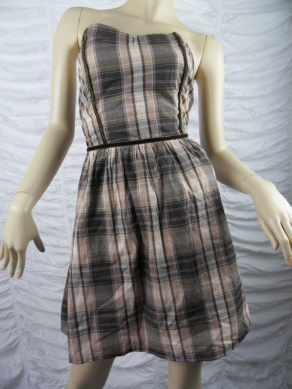 RIDERS by LEE brown check plaid strapless dress size 10 BNWT front view