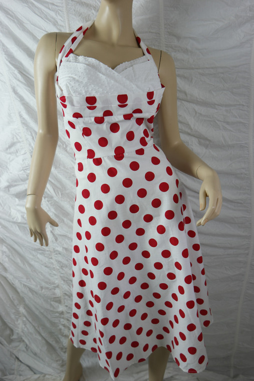 STOP STARING! white red polka dot print retro vintage 1950's halter neck dress size XL BNWT front view