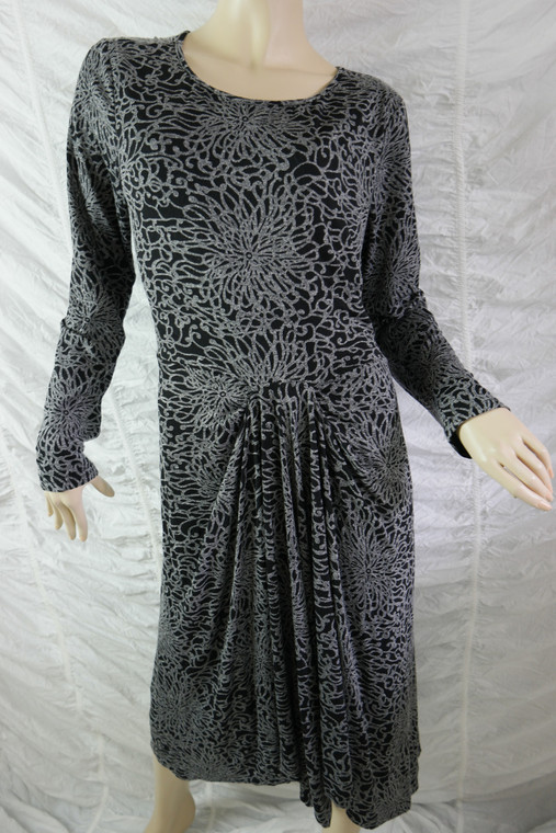MAIOCCHI grey black lace print long sleeve gathered jersey dress size 16 EUC front view