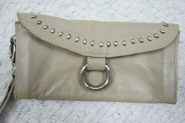 LFA beige 100% leather rectangular studded wristlet clutch wallet EUC front view