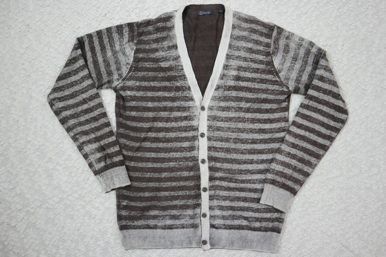 KENJI brown white striped 100% cotton knit wear cardigan size XL EUC front view