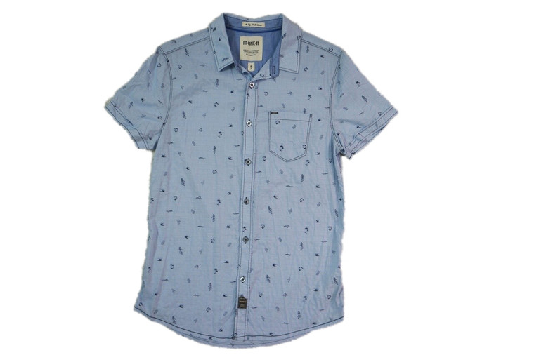 M-ONE-11 blue gingham tropical print casual short sleeve track shirt size S BNWT front view