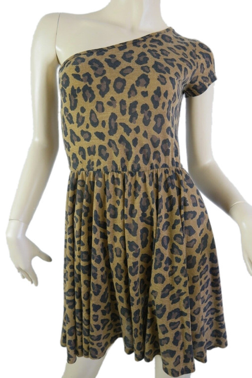 ZARA TRAFALUC brown animal print one shoulder A-line dress size M BNWT front view