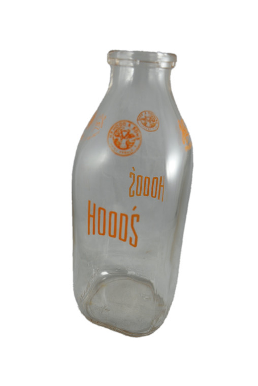 H.P. HOOD & SONS clear glass quart milk bottle 9" vintage 1940's VGVC America front view