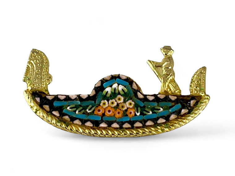 Vintage micro mosaic tesserae gondola brooch gold tone 1930's ITALY EVC Italy front view