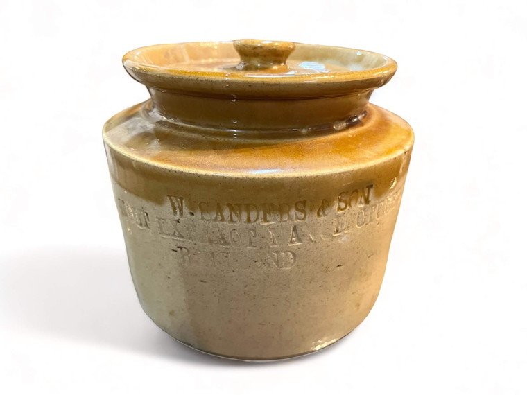 Antique rare malt extract canister stoneware W. SAUNDERS & SON 5" 1900 Australia VGAC font top view