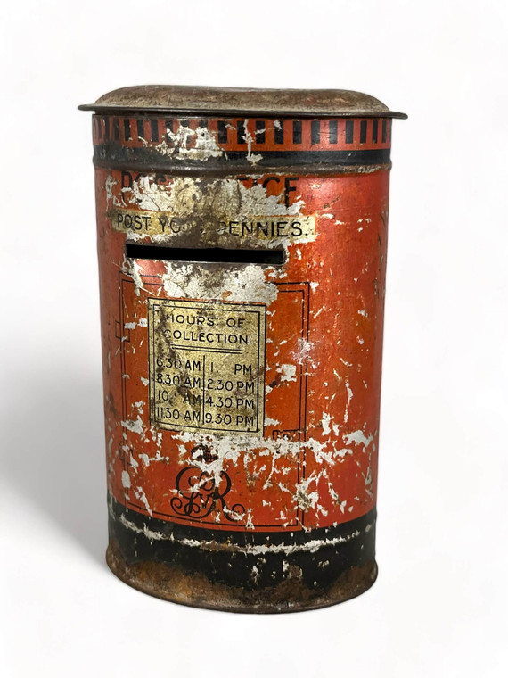 Antique money box tin J.S. FRY & SONS George V pillar box 4" oval 1910's England front view
