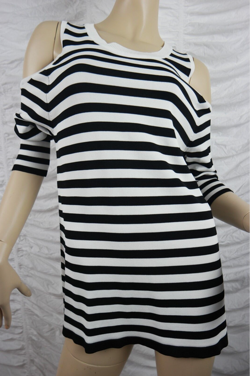 SEED HERITAGE black white striped cut out shoulder 3/4 sleeve top size S EUC front view