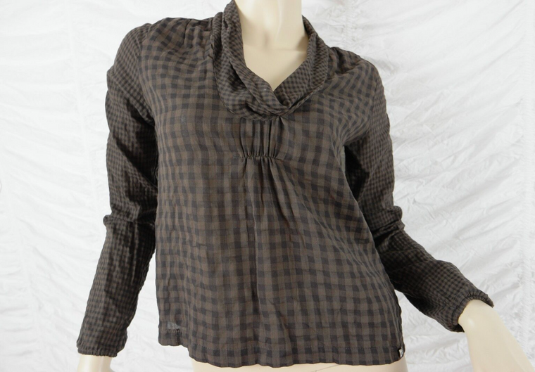 CLICK brown 100% cotton gingham check plaid cowl neckline blouse size 34/6 EUC