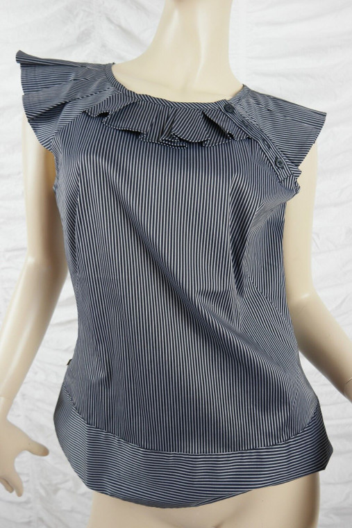 CUE silver black striped ruffled cotton blend short sleeve blouse size 10 BNWT front view