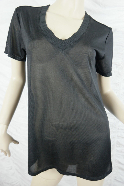 SEED HERITAGE black v-neck semi-sheer ribbed short sleeve t-shirt top size S EUC front view