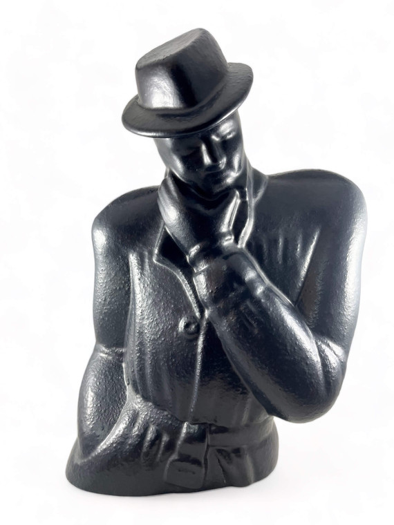 Vintage Lindsay Balkweill style black detective man fedora hat statue 1990's EVC front view