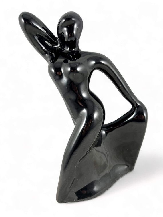 Vintage mid-century modern black 7" dancing lady ceramic figure statue 1980's EVC front view