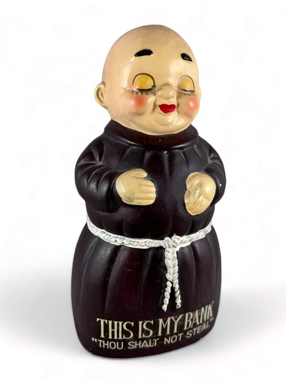 Vintage money box ceramic Friar Tuck Monk Thou Shalt Not Steal 1950's-60's EVC front side view