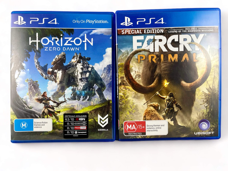 HORIZON ZERO DAWN & FARCRY PRIMAL special edition PS4 video game bundle front view