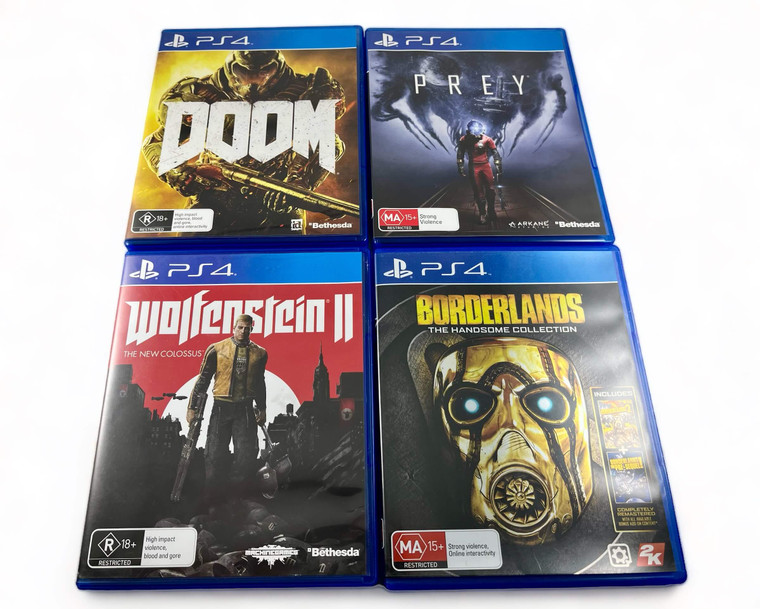 DOOM, PREY, WOLFENSTEIN II, & BORDERLANDS the handsome collection PS4 video game bundle front view