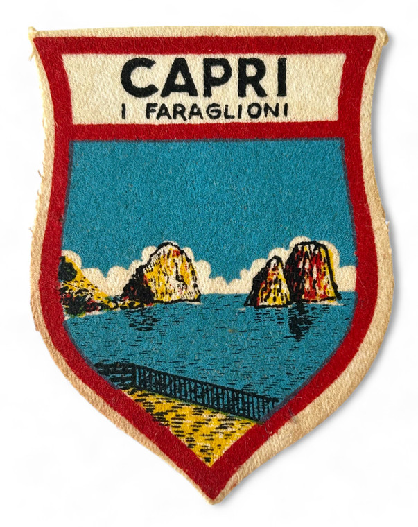 Vintage travel cloth badge patch Faraglioni Stacks island CAPRI ITALY 1950's GVC front view