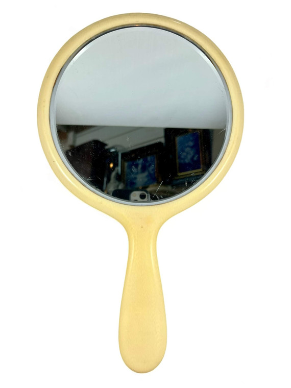 Vintage French hand held mirror vanity ivory celluloid round FRANCE 1970's VGVC front view