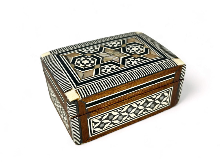 Vintage wooden jewellery box MOP bone micro mosaic marquetry 3.74" 1970's EVC  side front view