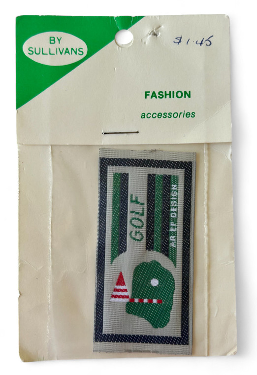 Vintage cloth badge patch SULLIVANS golf hole flag AR-EF Design 1990's NEW packaged view