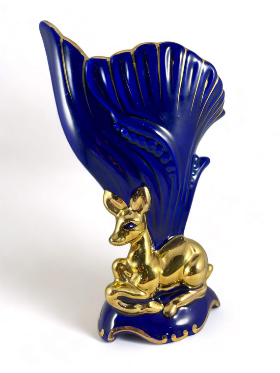 Vintage RAUL DA BERNARDA cobalt blue floral shaped 9" vase 1930's PORTUGAL VGVC side front view