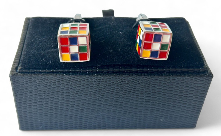 Vintage 1970's Rubik's cube 3D puzzle game enamel silver tone cufflinks NEW boxed view