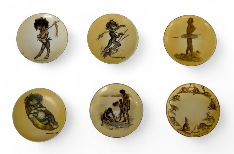 Vintage BROWNIE DOWNING Aboriginal display plates set of X6 1950's AUSTRALIA front view