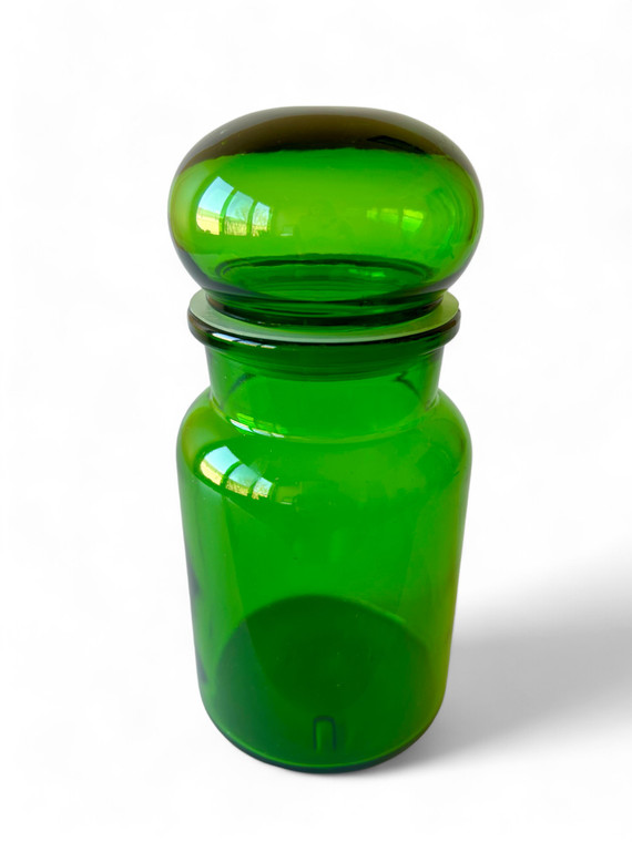 Vintage green glass apothecary jar bubble lid storage BELGIUM 1960's EVC main view