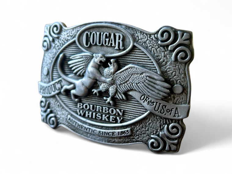Vintage COUGAR BOUBON WHISKEY pewter metal belt buckle 1990's AMERICA main view Vintage COUGAR BOUBON WHISKEY pewter metal belt buckle 1990's AMERICA main view