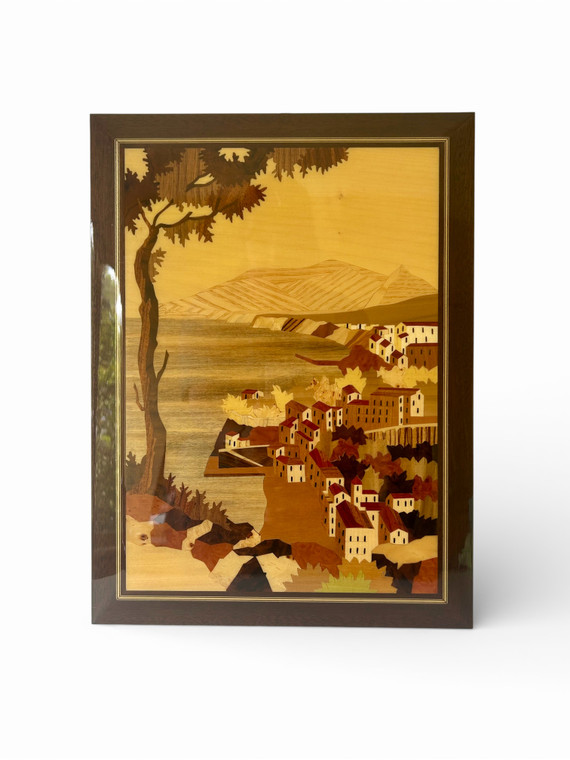 Vintage Italian marquetry Sorrento coastal village scene wall plaque 1980's ITALY main view
