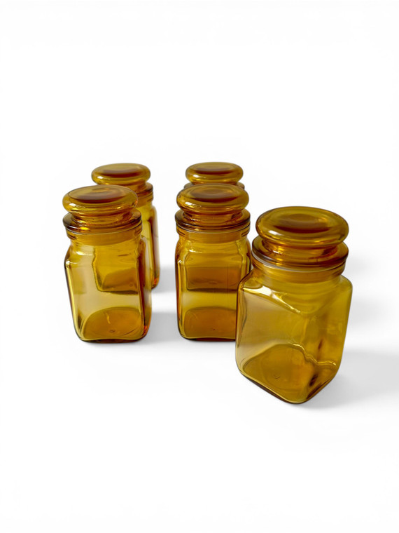 Vintage LUIGI BORMIOLI amber glass apothecary jar storage set X5 1970's ITALY main view